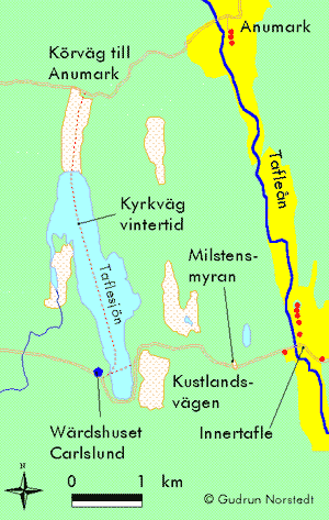 Karta över vägar kring Nydalasjön på 1700-talet